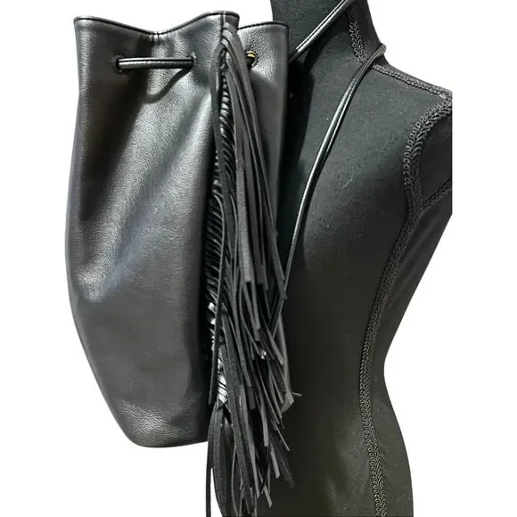 Victoria’s Secret Black Drawstring Fringed Backback Tote Faux Leather NWOT - Picture 3 of 11